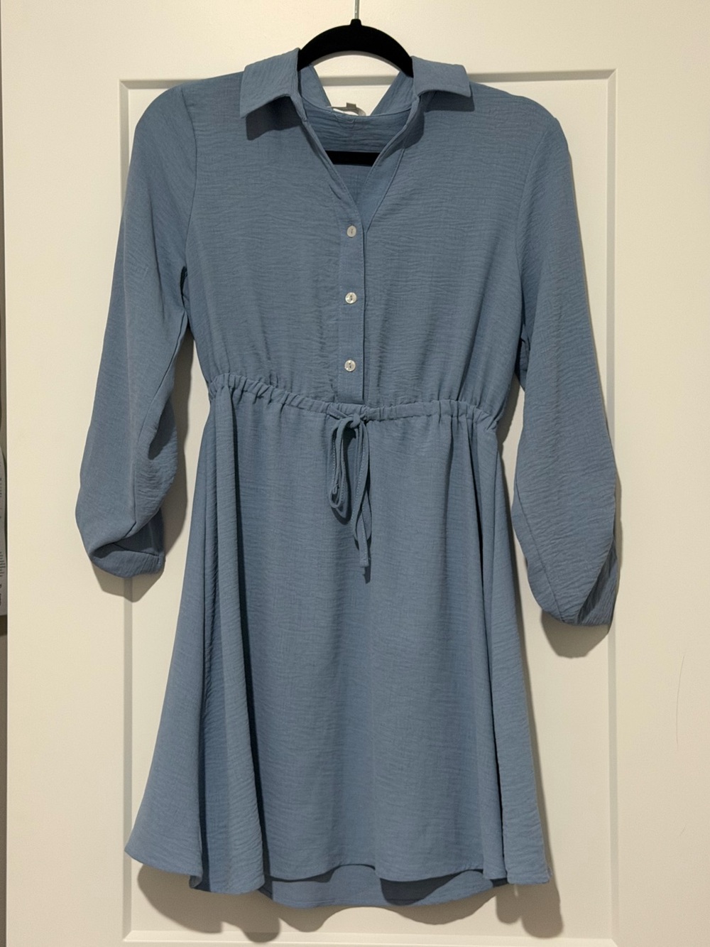 Collared Drawstring Waist Long-Sleeve Dress in Dusty Blue